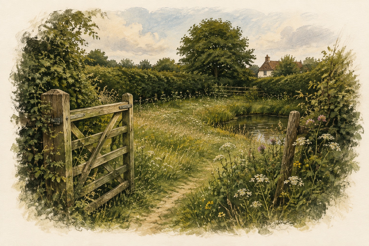 An illustrated open wooden gate leading into an English meadow, with a pond and hedgerows.